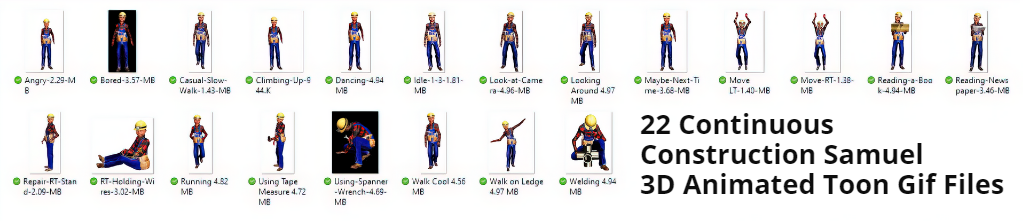 22 Continuous Construction Samuel 3D Animated Toon Gif screenshot with thumbnails and file names.