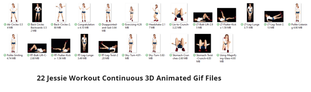 Screenshot 22 Jessie Workout Continuous 3D Animated Gif Files showing, thumbnails, and file names.