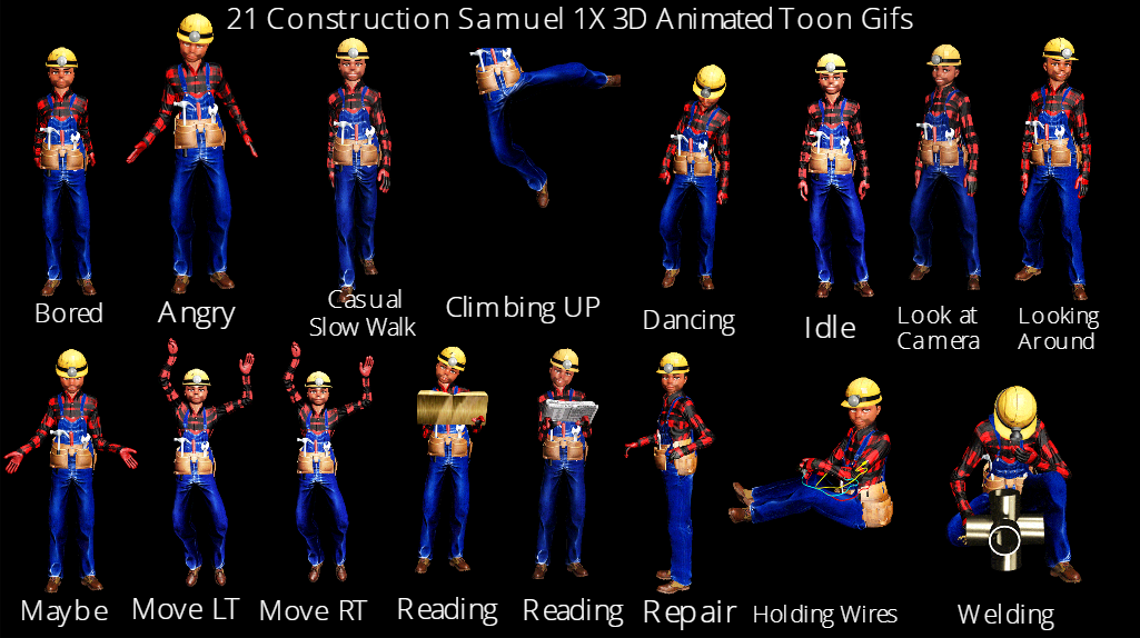 21 Construction Samuel 1X 3Ds Animated Toon Gifs screenshot displaying Bored, Angry, Casual Slow Walk, Climbing Up, Dancing, Idle, Look at Camera, Looking Around, Maybe, Move LT, Move RT, Reading, Repair, Holding Wires, Welding