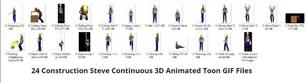 24 Construction Steve Continuous 3D Animated Toon Gif Screenshot of Files with thumbnails and file names.