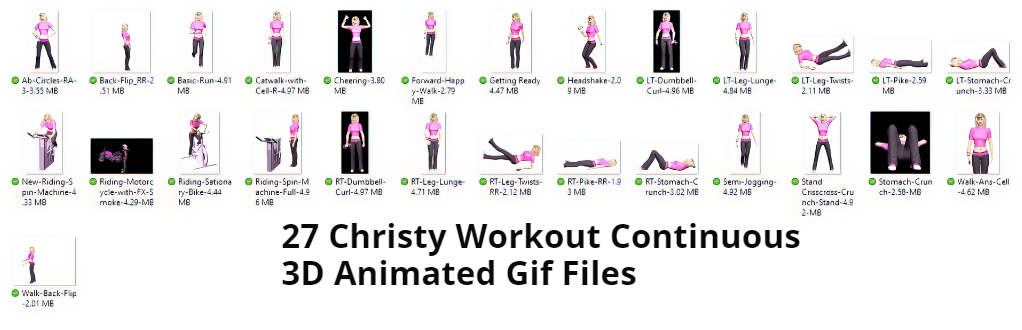 Screenshot of 27 Christy Workout Continuous 3D Animated Gif Files showing thumbnails and file names.