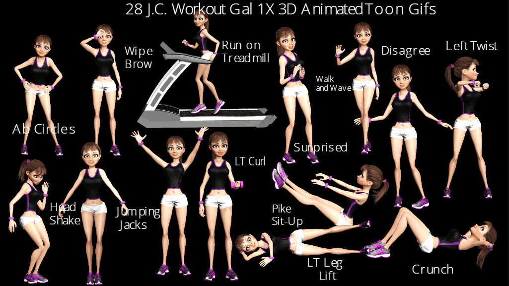 Screenshot of the 28 J.C. Workout Gal 1X 3D Animated Toon Gifs.