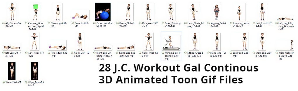Screenshot of 28 J.C. Workout Gal Continuous Files featuring thumbnails and file names.