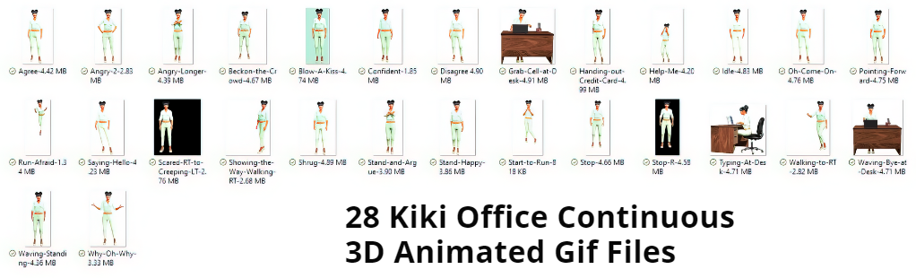 28 Kiki Office Continuous Screen shot of 3D Animated Gif Files showing thumbnails, and file names.