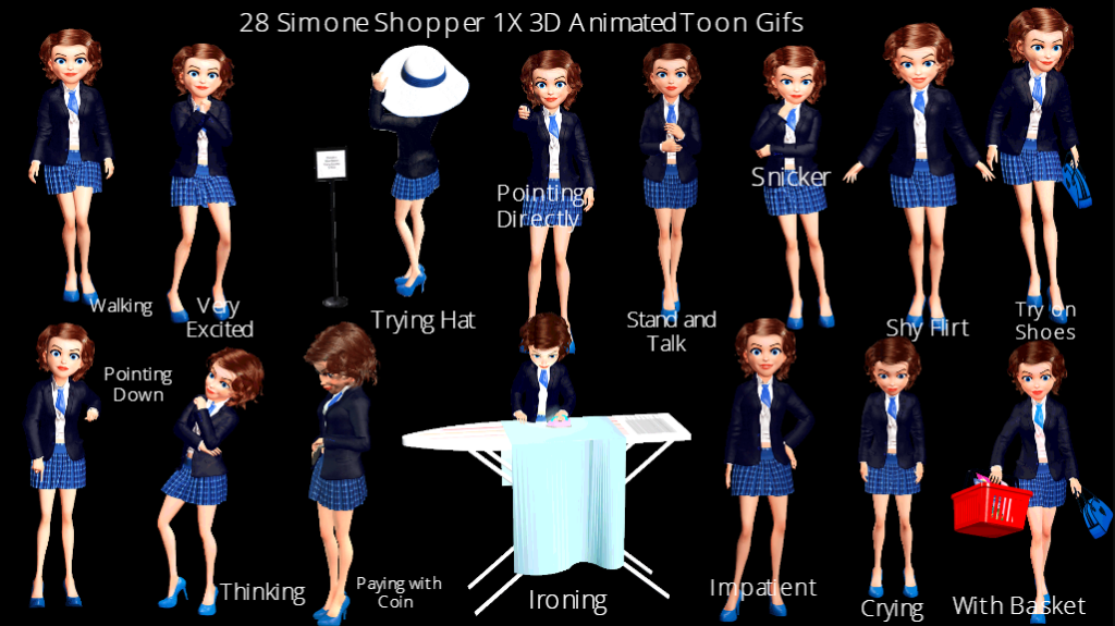 A screenshot of images for 29 Simone Shopper 1x 3D Animated Toon Gifs. Walking, Very Excited, Trying Hat, Pointing Directly, Stand and Talk, Shy Flirt, Try on Shoes, Pointing Down, Thinking, Paying with Coin, Ironing, Impatient, Crying, With Basket.