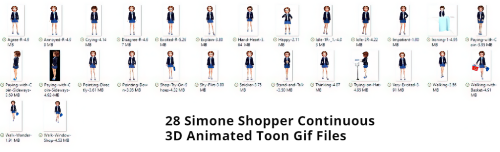 Screenshot of 28 Continuous 3D Simone Shopper Animated Toon Gifs thumbnails with file names.