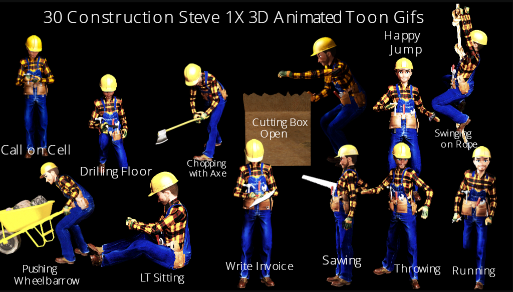 30 Construction Steve 1X 3D Animated Toon Gifs Screenshot of images.
