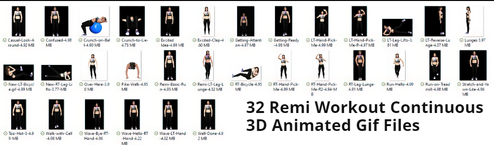 Screenshot of 32 Remi Workout Continuous Gif thumbnail with Filenames.