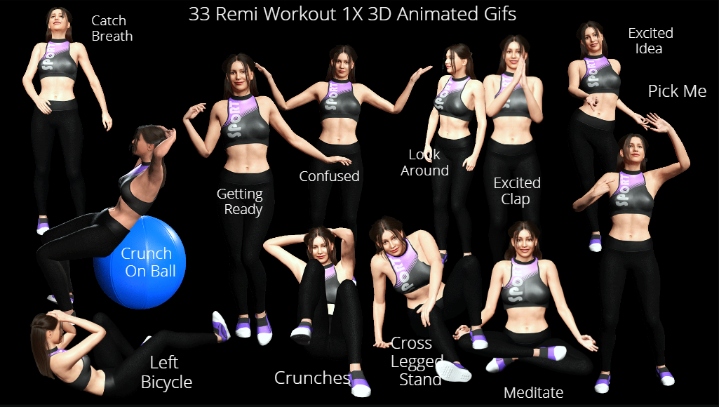 Screenshot of 33 Remi Workout 1X 3D Animated Gifs.