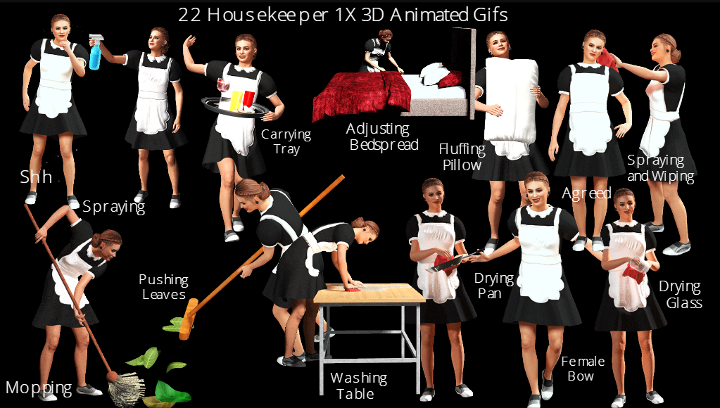 Screenshot of images of animated gifs of 3D Housekeeper Animations.