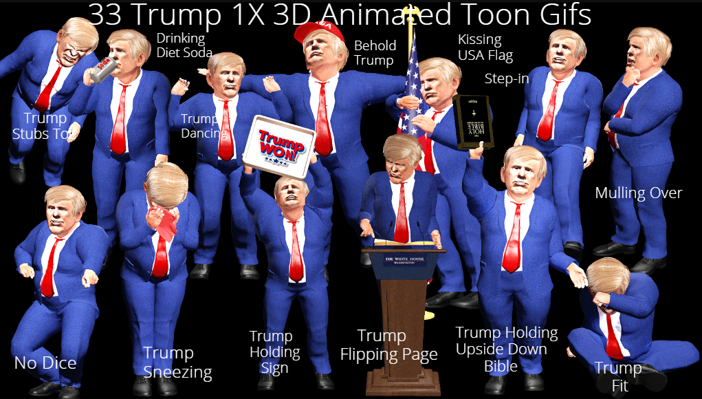 33 Trump 1X 3D Animated Toon Gifs Poster of Trump doing various animations.