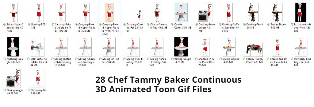 Chef Tammy Baker Collection of thumbnail images of file names that appear in the 28 Continuous Format Package.